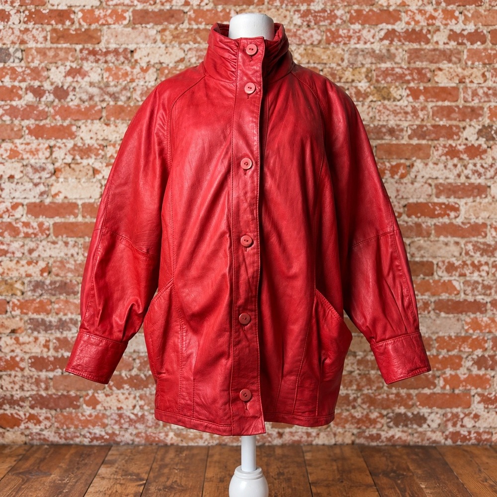 Vintage Red Leather Jacket Oversized Shoulder Pads Funnel Neck M Retro Eclectic